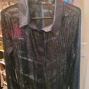 Black sequin see through button down